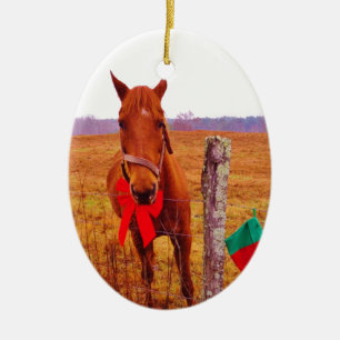 Weihnachtspferd mit Bogen & Strumpf Keramik Ornament