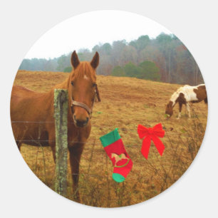 Weihnachtspferd mit Bogen und Strumpf Runder Aufkleber