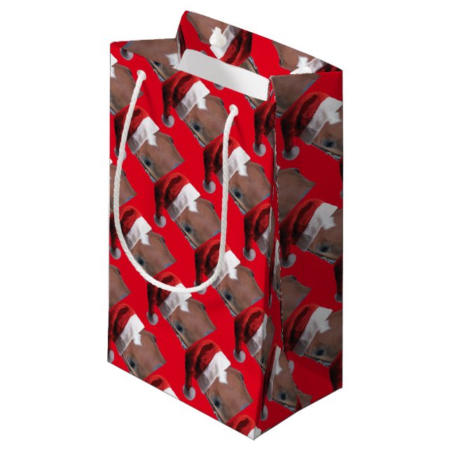 Weihnachtspferd mit Weihnachtsmannmütze Kleine Geschenktüte (Vorderseite Schrägansicht)