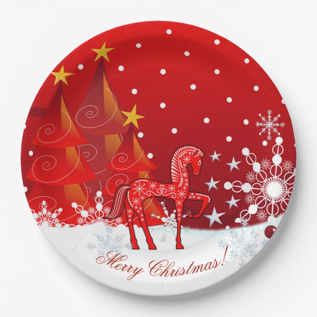 Weihnachtspferd, Schneeflocken, Bäume u. Pappteller (Vorderseite)