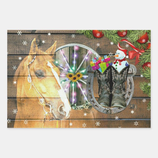 Weihnachtspferd Wagon Wheel Cowboy Boots Garland Geschenkpapier Set (Vorderseite)