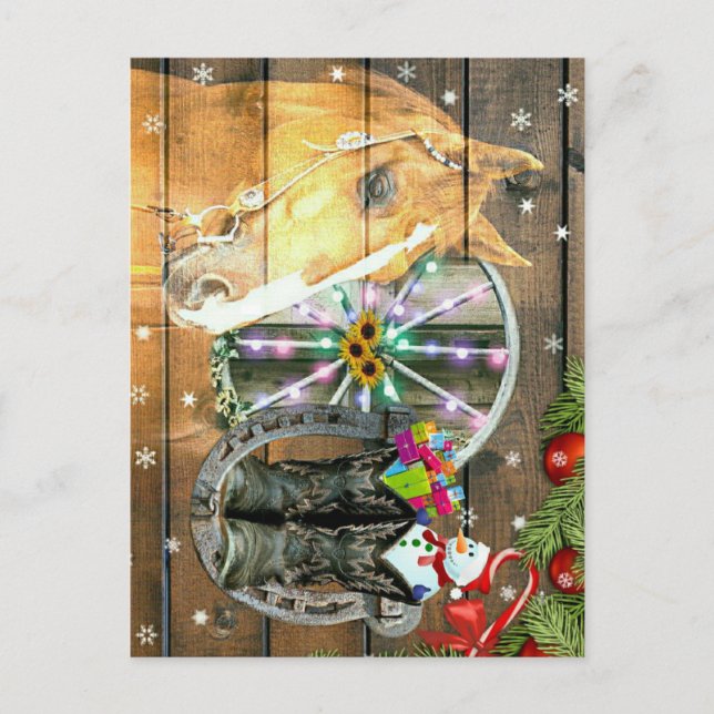 Weihnachtspferd Wagon Wheel Cowboy Boots Garland Postkarte (Vorderseite)