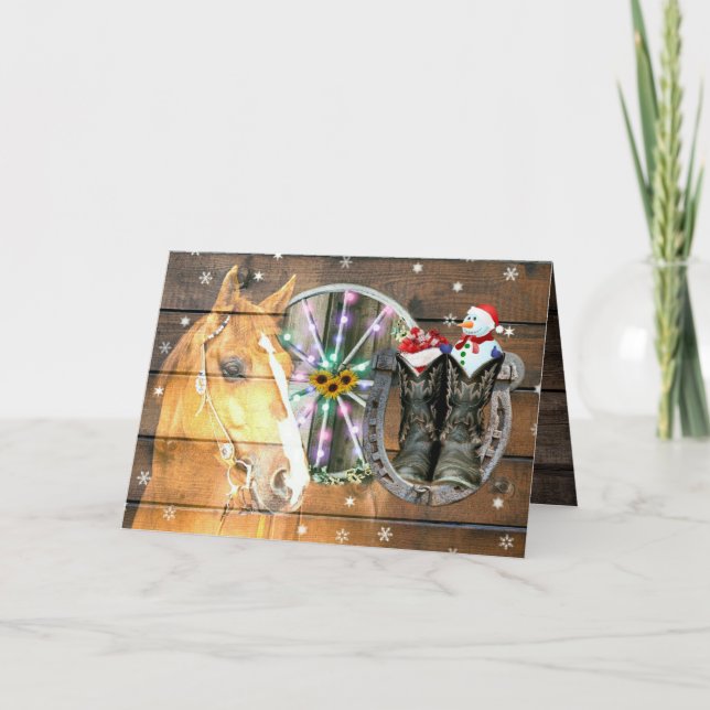 Weihnachtspferd Wagon Wheel Cowboy Stiefel Horsesh Dankeskarte (Vorderseite)