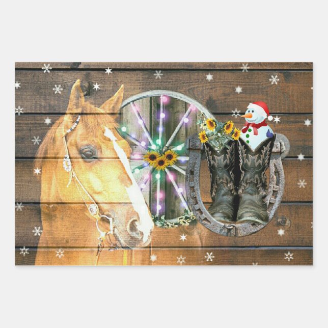 Weihnachtspferd Wagon Wheel Cowboy Stiefel Horsesh Geschenkpapier Set (Vorderseite)