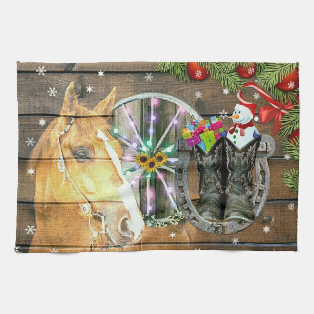 Weihnachtspferd Wagon Wheel Cowboy Stiefel Horsesh Geschirrtuch (Horizontal)