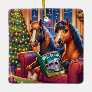 Weihnachtspferde auf Sofa mit Trailer Wunschbuch Keramikornament