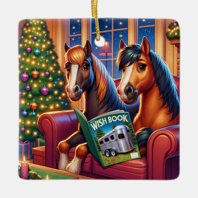 Weihnachtspferde auf Sofa mit Trailer Wunschbuch Keramikornament (Vorderseite)