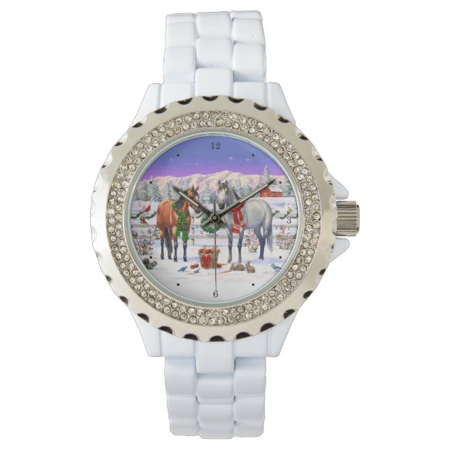Weihnachtspferde im Schnee Armbanduhr (Vorderseite)