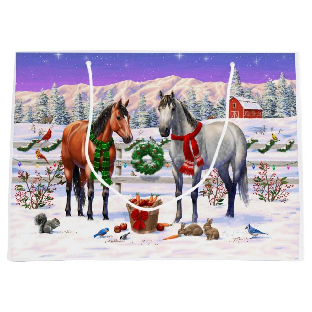 Weihnachtspferde im Schnee Große Geschenktüte (Vorderseite)