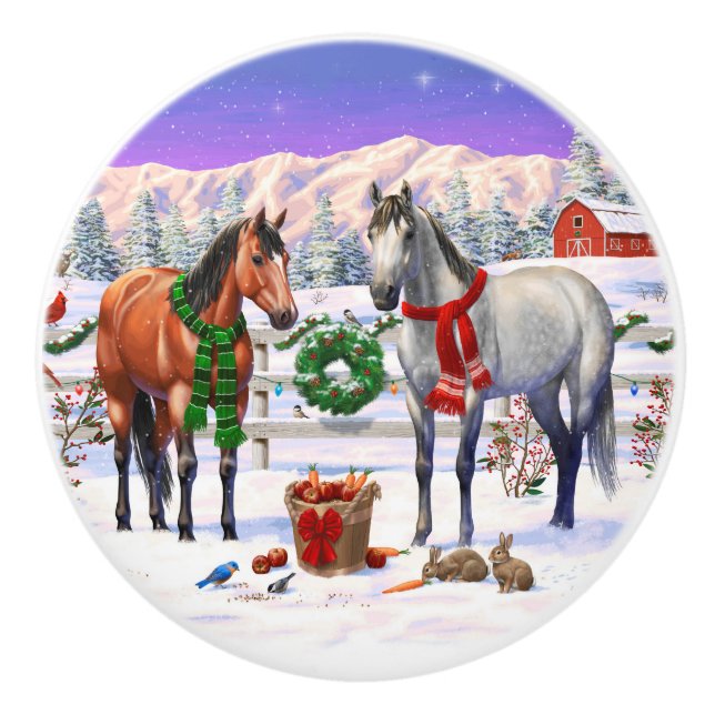 Weihnachtspferde im Schnee Keramikknauf (Vorderseite)