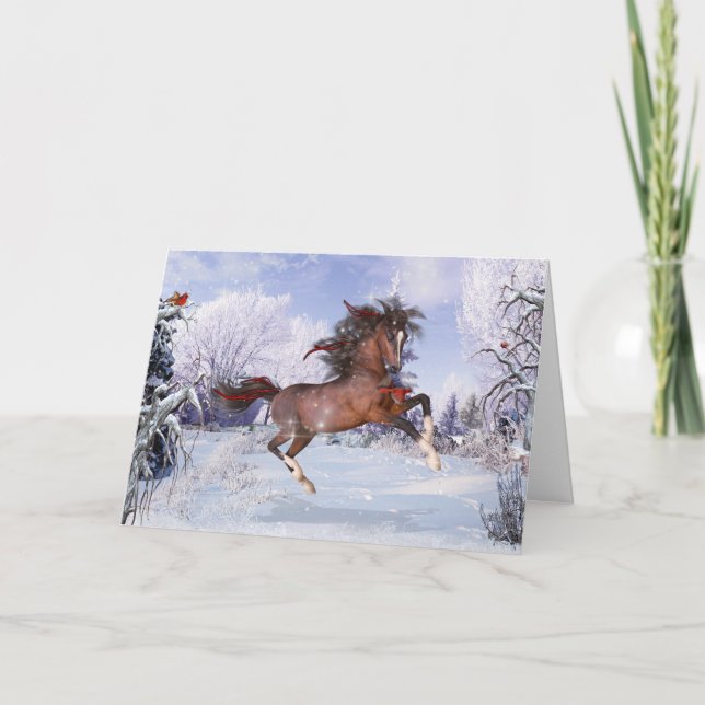Weihnachtspferde & Kardinäle geklappte Grußkarte Karte (Vorderseite)