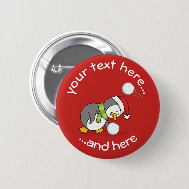 Weihnachtspinguin bekommt eine Schneeball Button (Vorne & Hinten)
