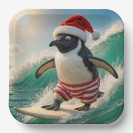 Weihnachtspinguin, der auf einer Meereswelle surft Pappteller