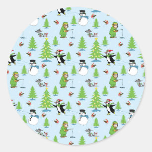 Weihnachtspinguin Eis Skaten und Bärenfischer Runder Aufkleber