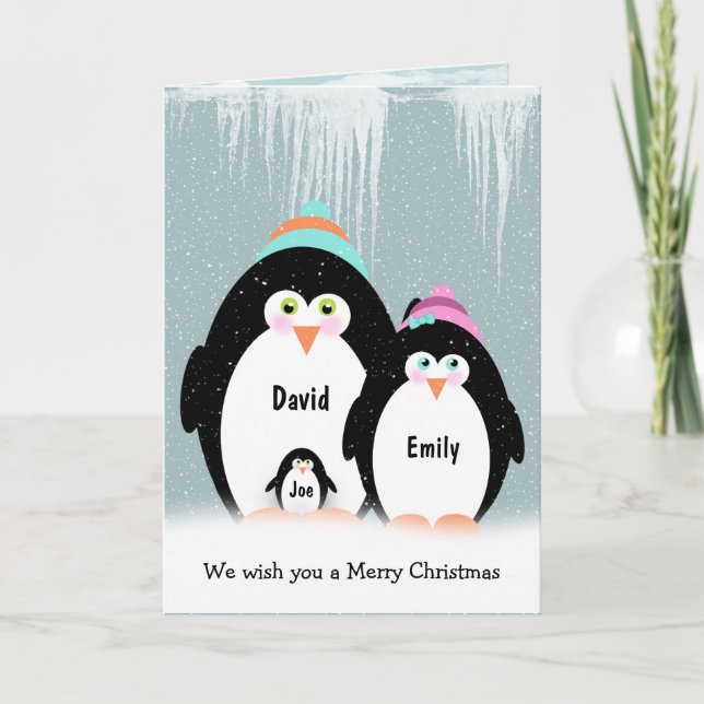 Weihnachtspinguin-Familie mit Kind Karte (Vorderseite)