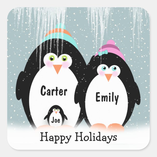 Weihnachtspinguin-Familie mit Kind Quadratischer Aufkleber (Vorderseite)