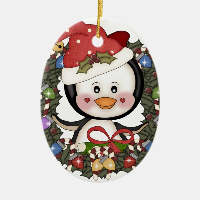 WeihnachtsPinguin-Feiertags-Kranz Keramik Ornament (Vorne)