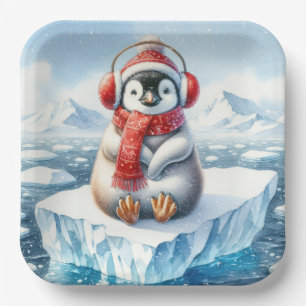 Weihnachtspinguin in Schneeflocken Pappteller