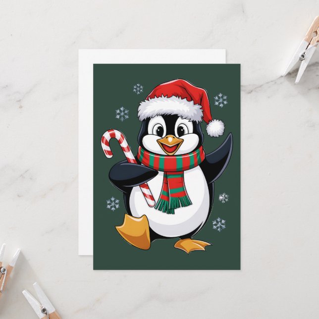 Weihnachtspinguin mit Bonnet und Zuckerrohr Einladung (Vorderseite/Rückseite Beispiel)