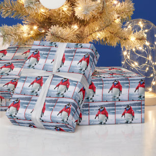 Weihnachtspinguin mit Rotem Coat und Schneeflocken Geschenkpapier