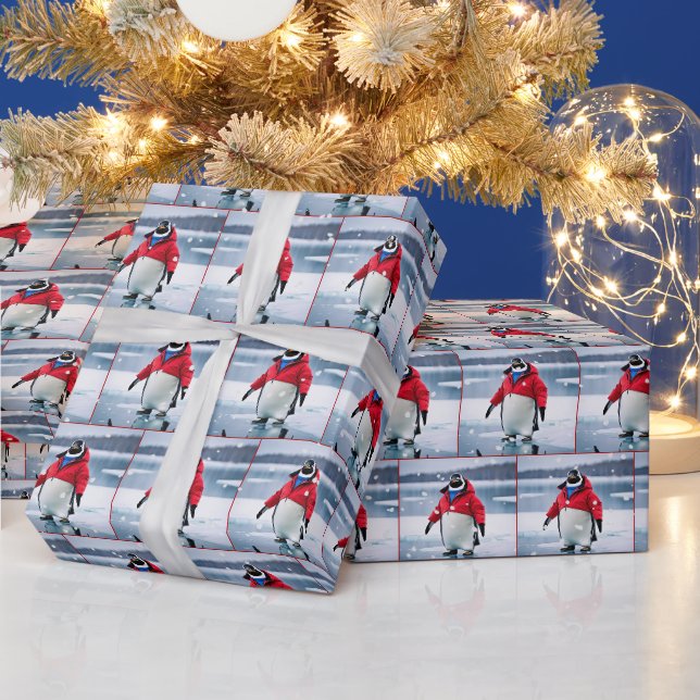 Weihnachtspinguin mit Rotem Coat und Schneeflocken Geschenkpapier (Feiertage)
