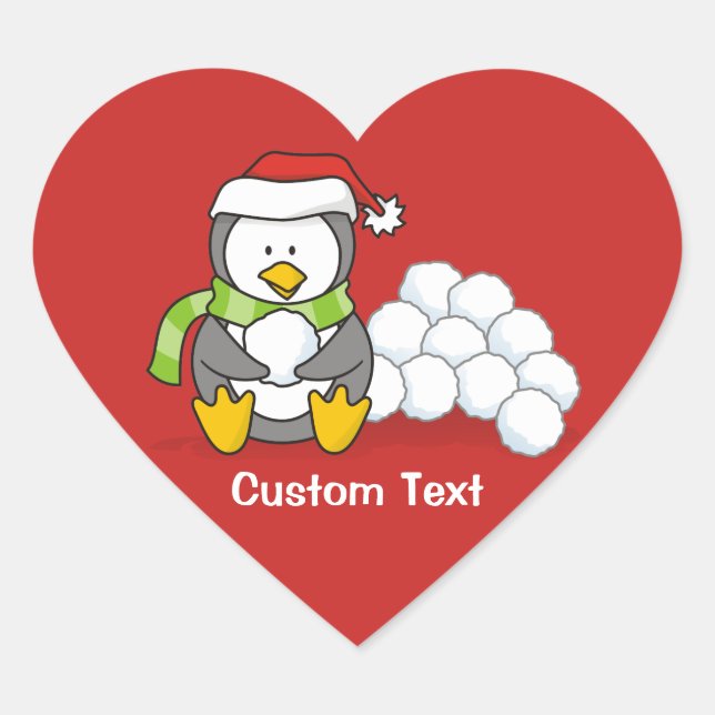 Weihnachtspinguin sitzend mit Schneebälle Herz-Aufkleber (Vorderseite)