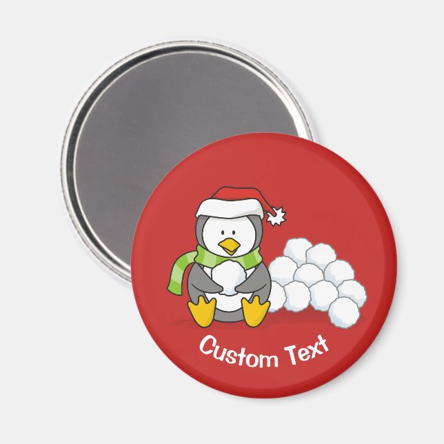 Weihnachtspinguin sitzend mit Schneebälle Magnet (Vorderseite/Rückseite)
