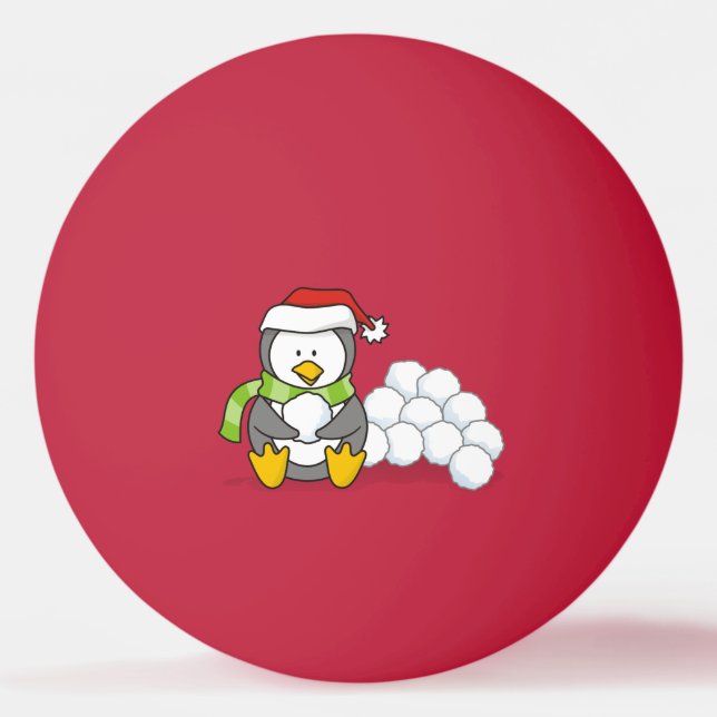 Weihnachtspinguin sitzend mit Schneebälle Tischtennisball (Vorderseite)