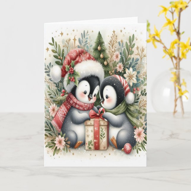 Weihnachtspinguine 5 karte (Gelbe Blume)