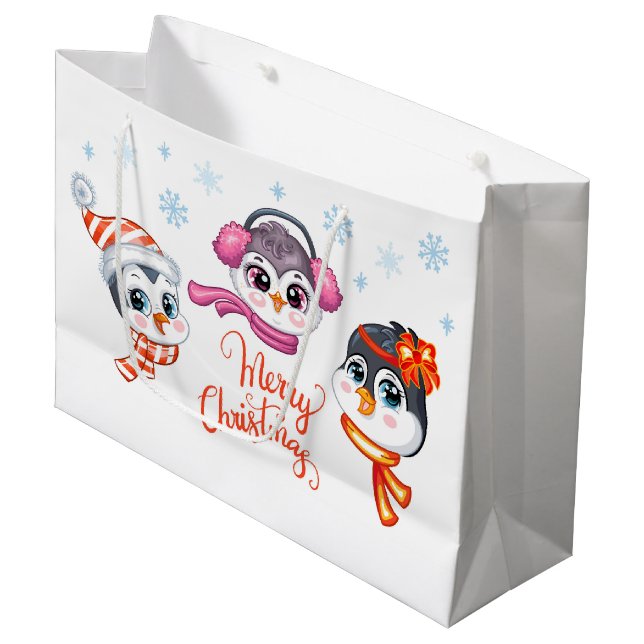 Weihnachtspinguine Große Geschenktüte (Vorderseite Schrägansicht)