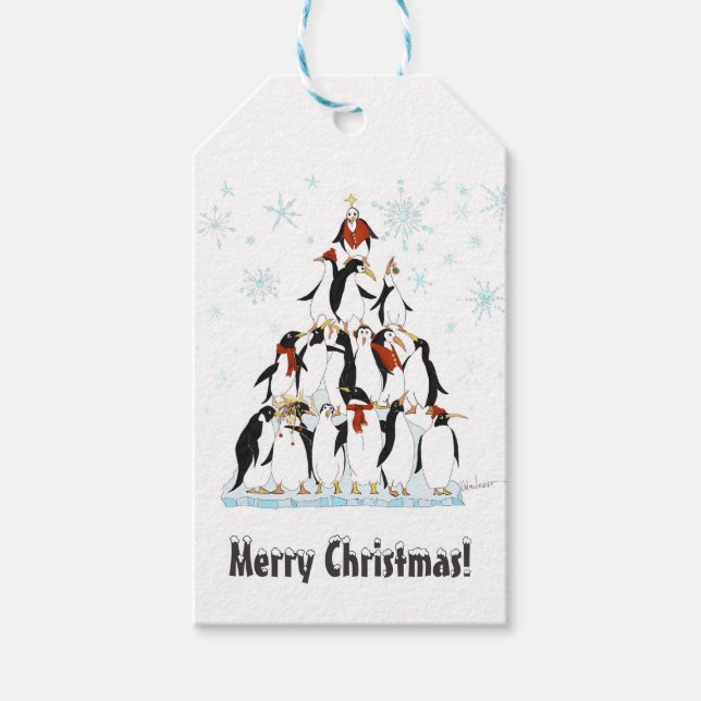 Weihnachtspinguine Muster mit Schneeflocken Geschenkanhänger (Vorderseite)