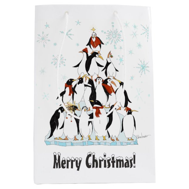 Weihnachtspinguine Muster mit Schneeflocken Mittlere Geschenktüte (Vorderseite)