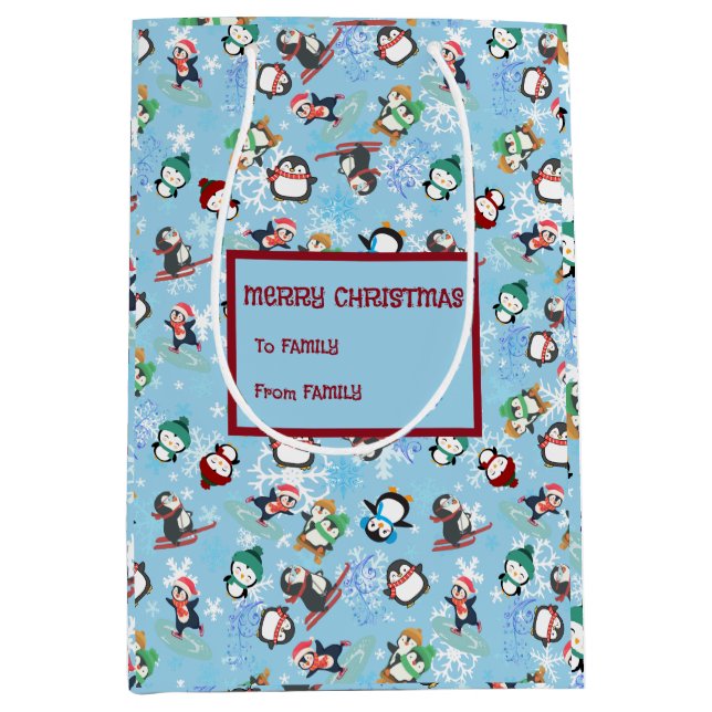 Weihnachtspinguine Wintersport Niedlich Funny Mittlere Geschenktüte (Vorderseite)