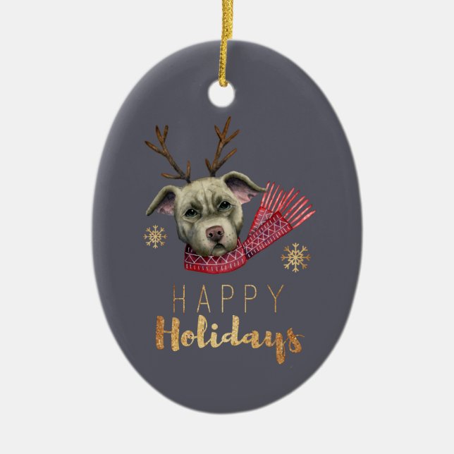 WeihnachtsPitbull-Hund mit den Geweihen Keramik Ornament (Vorne)