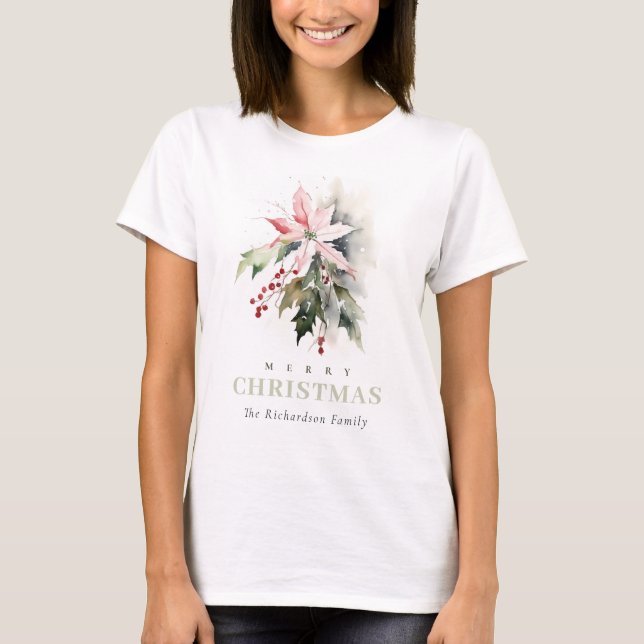Weihnachtspoinsettia Berries Folies Wasserfarbe T-Shirt (Vorderseite)