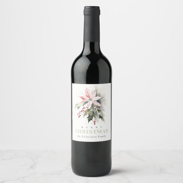 Weihnachtspoinsettia Berries Folies Wasserfarbe Weinetikett (Vorderseite)