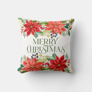 Weihnachtspoinsettia & Frohe Weihnachtstypografie Kissen
