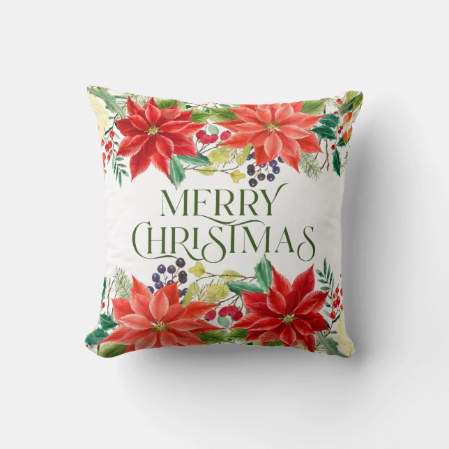 Weihnachtspoinsettia & Frohe Weihnachtstypografie Kissen (Vorderseite)