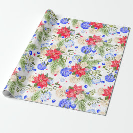 Weihnachtspoinsettia-Rosen-u. Blau-Verzierungen Geschenkpapier