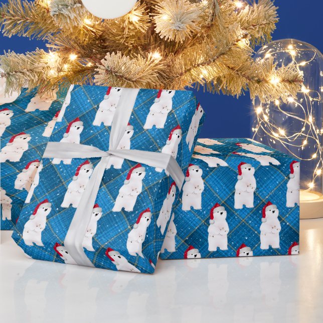 Weihnachtspolarbär auf blauem Kariert Geschenkpapier (Feiertage)