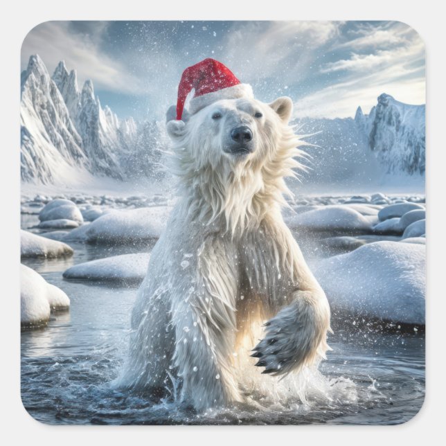Weihnachtspolarbär in arktischem Wasser Quadratischer Aufkleber (Vorderseite)