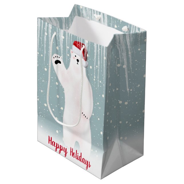 Weihnachtspolarbär in Eiskletterpackung Mittlere Geschenktüte (Vorderseite Schrägansicht)