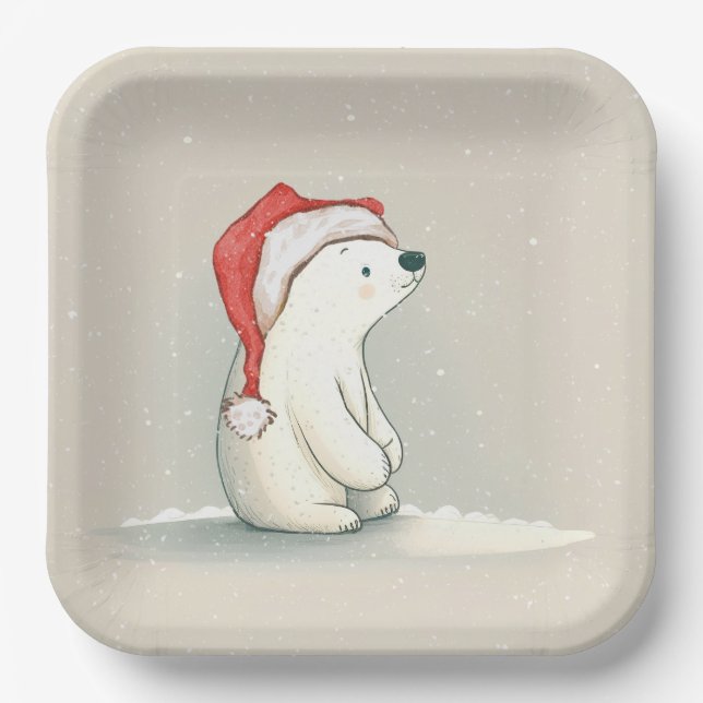 Weihnachtspolarbär in Schneeflocken Pappteller (Vorderseite)