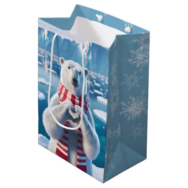 Weihnachtspolarbär mit Paws in Herzform Mittlere Geschenktüte (Vorderseite Schrägansicht)