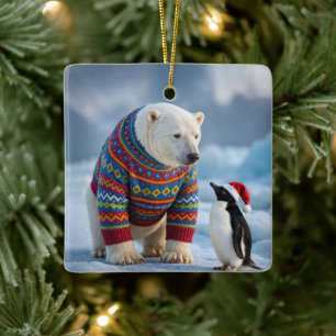 Weihnachtspolarbär und Pinguin auf einem Gletscher Keramikornament