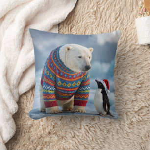 Weihnachtspolarbär und Pinguin auf einem Gletscher Kissen