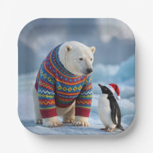 Weihnachtspolarbär und Pinguin auf einem Gletscher Pappteller