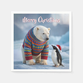 Weihnachtspolarbär und Pinguin auf einem Gletscher Serviette