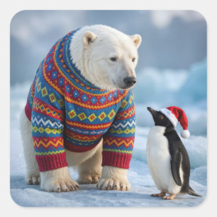 Weihnachtspolarbär und Pinguinfreunde Quadratischer Aufkleber