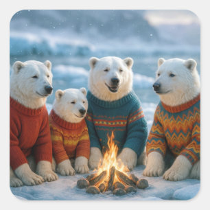 Weihnachtspolarebären um ein Lagerfeuer Quadratischer Aufkleber